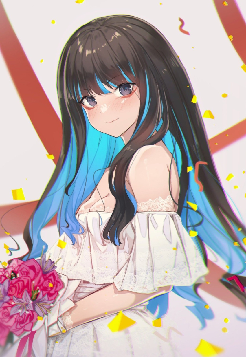1girl bare_shoulders black_hair blue_hair blush bouquet breasts colored_inner_hair dress eyeliner fate/grand_order fate_(series) grey_eyes highres long_hair looking_at_viewer makeup multicolored_hair off-shoulder_dress off_shoulder small_breasts smile solo tenochtitlan_(fate) ura_illust wedding_dress white_dress