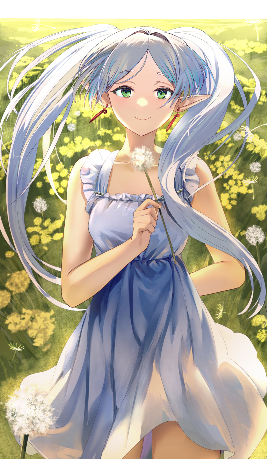 1girl absurdres bare_arms bare_shoulders closed_mouth collarbone commentary_request day dress earrings elf field flower flower_field frieren frilled_dress frills green_eyes grey_hair highres holding holding_flower jewelry long_hair looking_at_viewer mosta_(lo1777789) outdoors parted_bangs pointy_ears sleeveless sleeveless_dress smile solo sousou_no_frieren standing thick_eyebrows twintails very_long_hair white_dress white_flower yellow_flower