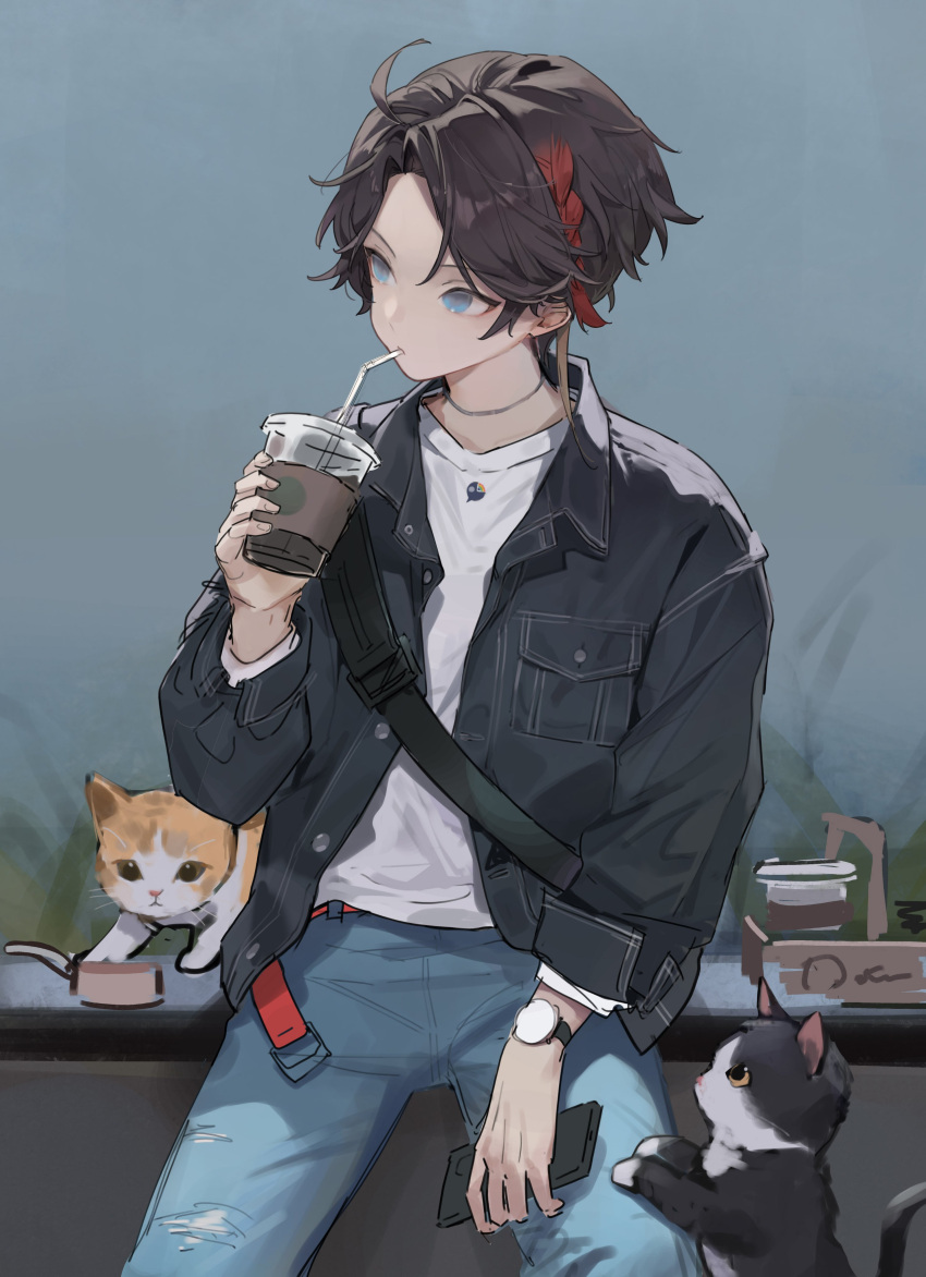 1boy absurdres ahoge black_jacket blue_eyes blue_pants braid brown_hair cat chyoel collared_jacket cowboy_shot cup denim denim_jacket disposable_cup drink drinking forehead highres holding holding_drink jacket jeans jewelry legs_apart long_sleeves looking_to_the_side male_focus multicolored_hair necklace nijisanji open_clothes open_jacket pants parted_bangs red_hair saegusa_akina shirt short_hair sitting solo streaked_hair virtual_youtuber watch white_shirt wristwatch