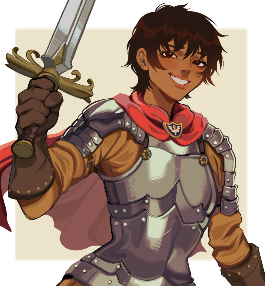 1girl absurdres armor berserk brooch brown_eyes brown_gloves brown_hair cape casca_(berserk) cuirass gloves grin happy highres holding holding_sword holding_weapon jewelry plate_armor porqueloin red_cape short_hair simple_background smile solo sword teeth tomboy upper_body weapon white_background