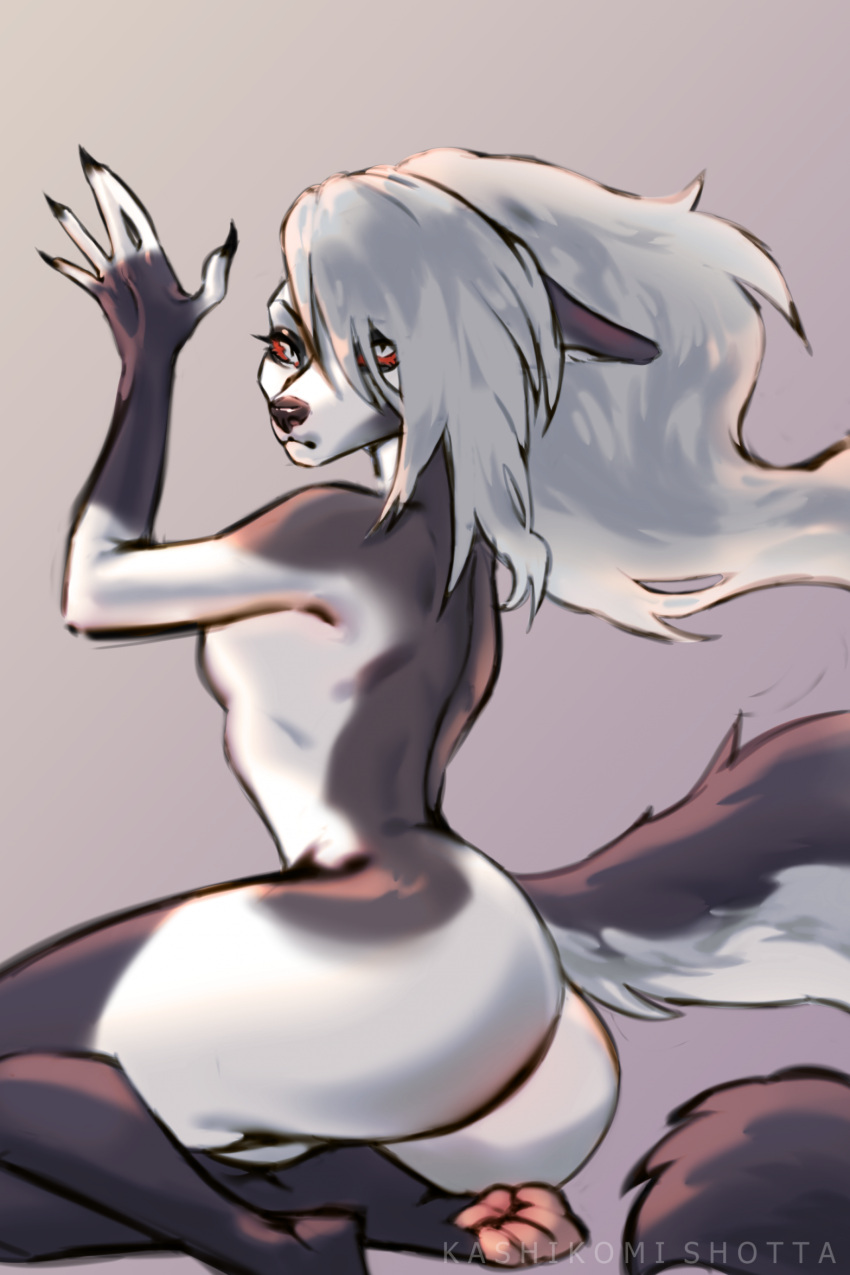 anthro black_body black_fur breasts butt canid canid_demon canine canis demon female fur grey_body grey_fur grey_hair hair hellhound helluva_boss hi_res kashikomishotta long_hair looking_at_viewer loona_(helluva_boss) mammal mythological_canine mythological_creature mythology nude pawpads pink_pawpads pupils red_sclera signature slit_pupils small_breasts solo white_body white_eyes white_fur wolf