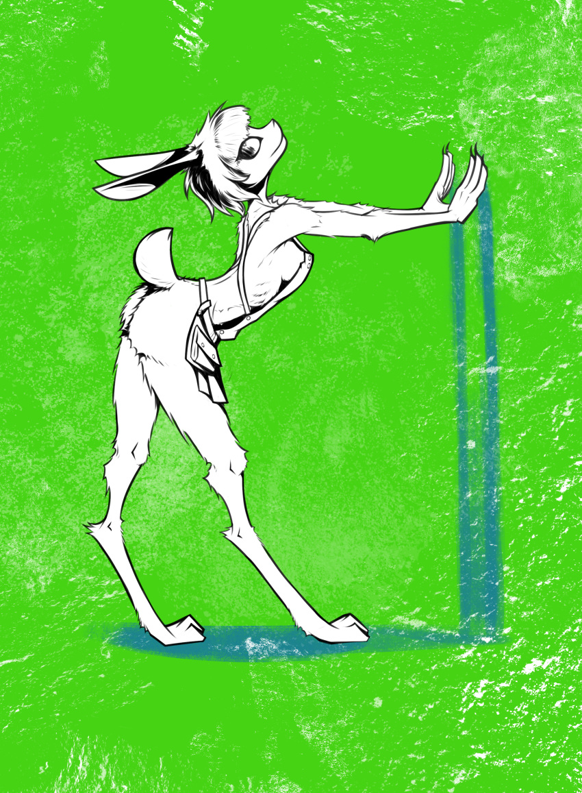 2023 abstract_background absurd_res anne_speck anthro apron apron_only butt clothing digitigrade female fluffy gatonejo green_background hair hands_on_wall hi_res lagomorph leporid looking_at_viewer mammal mostly_nude presenting presenting_hindquarters pupils rabbit short_hair short_tail simple_background slim smile solo standing tail unusual_pupils white_body