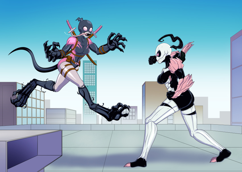 2020 absurd_res belt big_feet big_hands blue_sky bodily_fluids bone bone_armor breasts building city cityscape claws day detailed_background digitigrade drooling duo dzk feet female female_humanoid fight fighting_pose fist gwenpool hi_res humanoid jumping katana long_tongue marvel melee_weapon mid_transformation midair not_furry open_mouth open_smile outside pink_eyes pose rooftop saliva sharp_teeth side_boob skull skull_head sky skyline skyscraper smile square_crossover sword sword_on_back symbiote teeth tongue tongue_out transformation utility_belt weapon