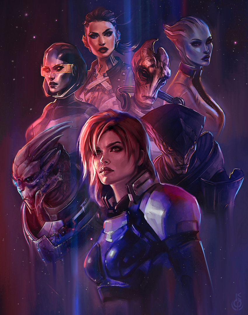 3boys 4girls absurdres alien android armor asari_(mass_effect) black_eyes black_jacket black_sclera blue_eyes blue_jacket blue_lips blue_skin bra breasts brown_eyes brown_hair chest_tattoo colored_sclera colored_skin commander_shepard commander_shepard_(female) criss-cross_halter ear_piercing edi_(mass_effect) english_commentary engrish_commentary eva_kosmos extra_eyes floating_hair frown garrus_vakarian grey_lips halterneck head_tilt highres jack_(mass_effect) jacket javik_(mass_effect) liara_t'soni looking_at_viewer looking_to_the_side looking_up mass_effect_(series) mass_effect_3 medium_breasts medium_hair metal_skin mordin_solus multiple_boys multiple_girls n7_armor neck_tattoo parted_lips piercing prothean red_hair red_lips salarian science_fiction small_breasts solid_eyes tattoo tentacle_hair turian undercut underwear v-shaped_eyebrows white_bra white_jacket yellow_sclera
