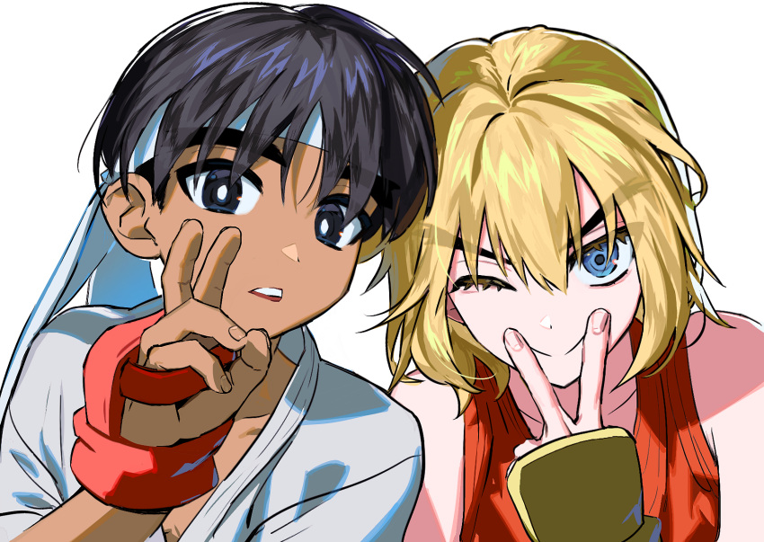 2boys aged_down athanjccgg black_hair blonde_hair child dark-skinned_male dark_skin eyelashes forked_eyebrows headband highres huge_eyebrows ken_masters looking_at_viewer male_focus medium_hair multiple_boys one_eye_closed parted_lips ryu_(street_fighter) street_fighter v v_over_mouth