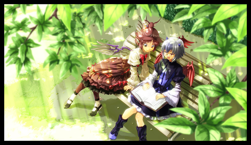 bench bespectacled book border dress glasses hat head_wings horns leaning_forward light_rays multicolored_hair multiple_girls mystia_lorelei nature outdoors pince-nez pink_hair reading shiba_itsuki shoes short_hair single_head_wing sitting sunbeam sunlight tokiko_(touhou) touhou two-tone_hair winged_shoes wings