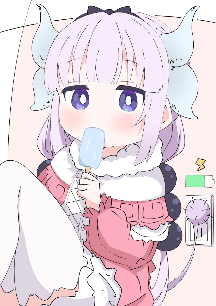 1girl absurdres battery_indicator beads black_hairband blush bow covered_mouth dragon_girl dragon_horns dress electrical_outlet food hair_beads hair_bow hair_ornament hairband highres holding holding_food holding_popsicle horns kanna_kamui kobayashi-san_chi_no_maidragon light_blush lightning_bolt_symbol looking_at_viewer pink_dress popsicle puffy_sleeves purple_eyes purple_hair recharging sitting tail thighhighs wa_ki_ya_ku white_thighhighs