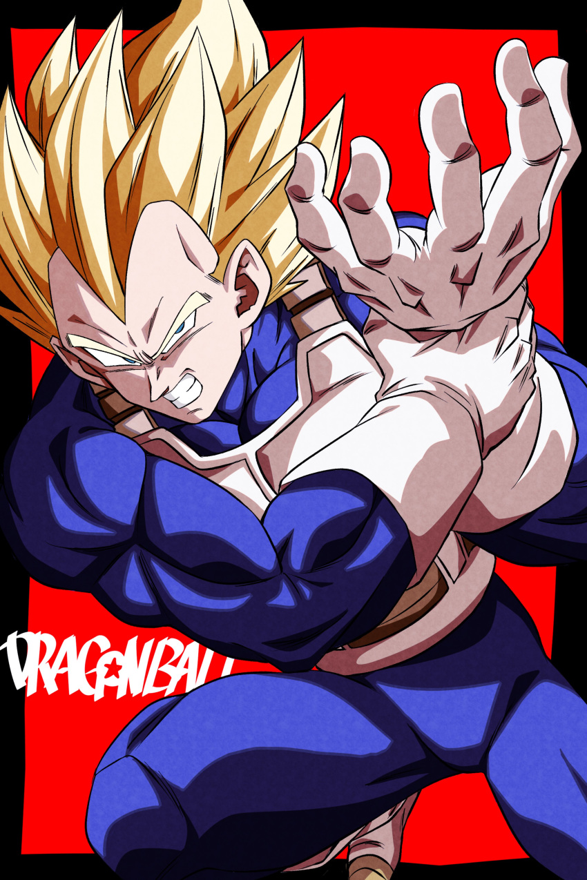 1boy absurdres armor black_border blonde_hair blue_bodysuit bodysuit border breastplate clenched_teeth copyright_name dragon_ball dragon_ball_z gloves grabbing_own_arm green_eyes highres medium_hair muscular muscular_male red_background saiyan_armor sekitsuki_hayato simple_background solo spiked_hair star_(symbol) teeth vegeta white_armor white_footwear white_gloves