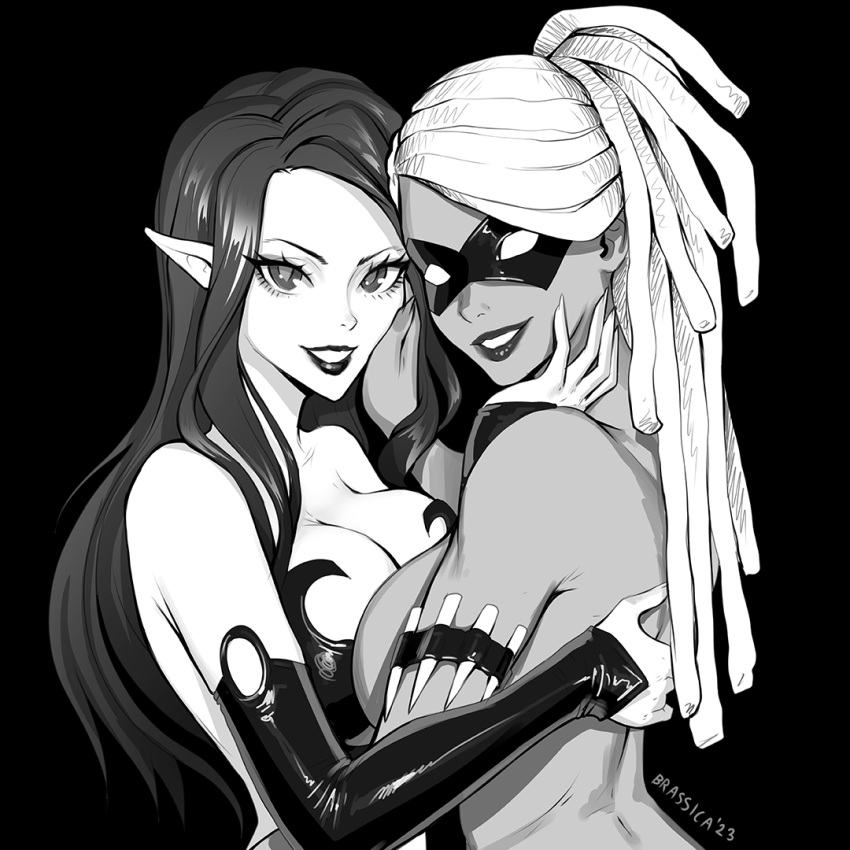 2girls arm_strap artist_name brassica breast_press breasts character_request commission dark-skinned_female dark_skin detached_sleeves domino_mask eyelashes fingernails greyscale hand_on_another's_back hand_on_another's_cheek hand_on_another's_face lawful_evil_comics lips long_hair mask monochrome multiple_girls pointy_ears sharp_fingernails symmetrical_docking upper_body