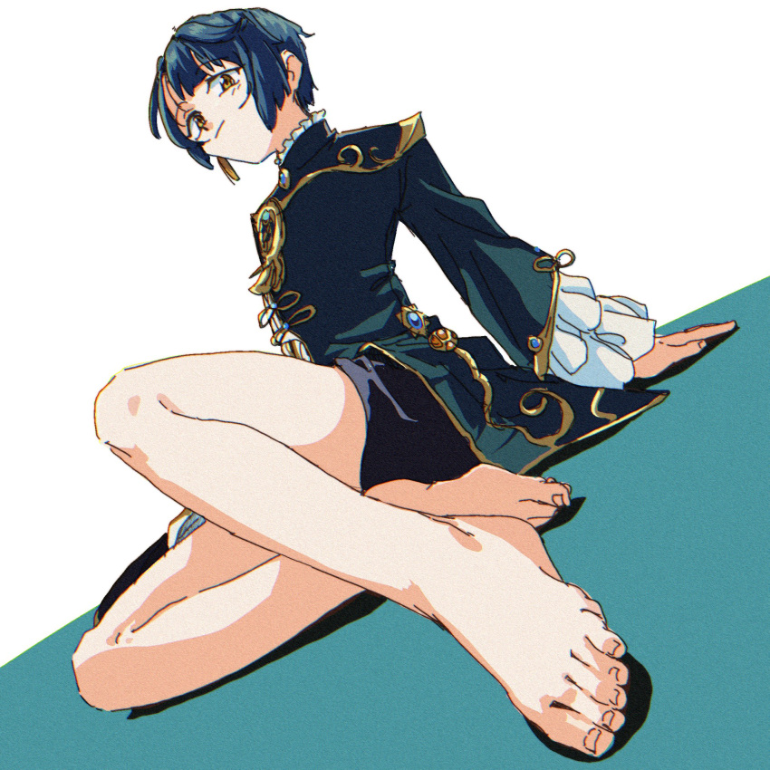 1boy ai_roid barefoot black_shorts blue_hair closed_mouth earrings feet frilled_sleeves frills genshin_impact highres jewelry long_sleeves looking_at_viewer male_focus orange_eyes retro_artstyle shorts simple_background single_earring sitting solo two-tone_background xingqiu_(genshin_impact)