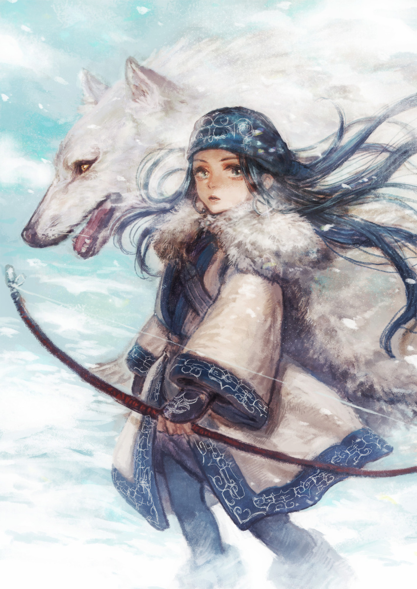 1girl ainu ainu_clothes animal asirpa blue_hair blue_headband boots bow_(weapon) closed_mouth commentary_request earrings floating_hair full_body golden_kamuy headband highres holding holding_bow_(weapon) holding_weapon hoop_earrings jewelry long_hair long_sleeves looking_at_viewer machiko_(xxmachixx) retar sky smoke snow weapon white_wolf wolf