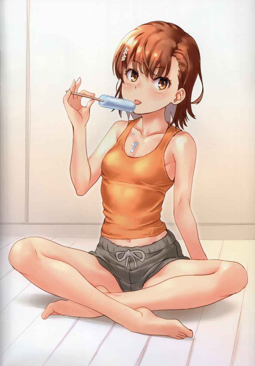 1girl absurdres bare_arms bare_legs bare_shoulders barefoot blush breasts brown_eyes brown_hair collarbone crease flower food food_on_body full_body grey_shorts hair_flower hair_ornament highres holding holding_food indian_style indoors licking looking_at_viewer medium_hair midriff_peek misaka_mikoto navel non-web_source popsicle raika9 scan short_hair short_shorts shorts sitting small_breasts solo tank_top toaru_kagaku_no_railgun toaru_majutsu_no_index tongue tongue_out