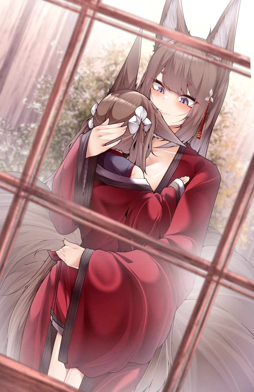 2girls absurdres amagi-chan_(azur_lane) amagi_(azur_lane) animal_ears azur_lane bare_shoulders blush brown_hair carrying carrying_person day eyeshadow flower fox_ears fox_girl fox_tail full_body hair_between_eyes hair_flower hair_ornament hairpin hand_on_another's_head happy highres hug indoors japanese_clothes kimono kitsune long_hair long_sleeves looking_at_another looking_down makeup mother_and_daughter multiple_girls multiple_tails off_shoulder purple_eyes red_eyeshadow red_kimono samip slit_pupils smile standing tail twintails very_long_hair white_flower wide_sleeves