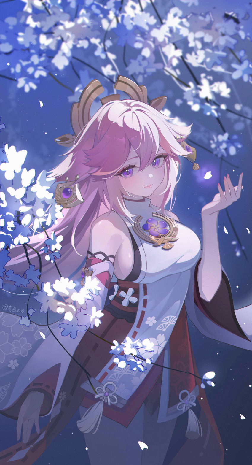 1girl absurdres animal_ears bare_shoulders blush cherry_blossoms closed_mouth commentary_request cowboy_shot detached_sleeves fingerless_gloves fox_ears genshin_impact gloves hair_between_eyes hair_ornament hand_up harutatsunoki highres lips long_hair looking_at_viewer nail_polish nontraditional_miko pink_hair pink_nails purple_eyes red_skirt shirt skirt sleeveless sleeveless_shirt smile tassel white_shirt white_sleeves wide_sleeves yae_miko