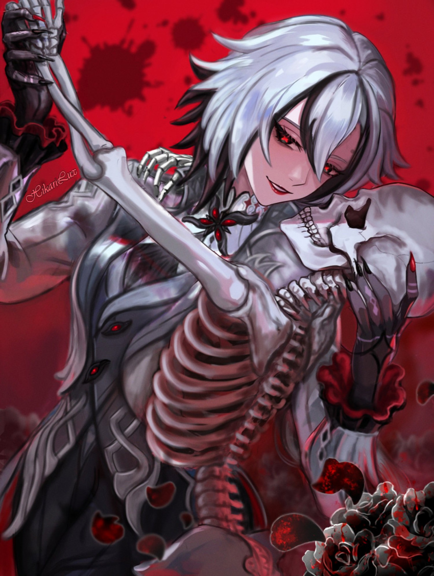 1girl arlecchino_(genshin_impact) black_hair black_pants coat commentary cowboy_shot genshin_impact grey_coat grey_hair grey_shirt grin highres hikariluxart long_sleeves looking_at_viewer multicolored_hair pants red_lips shirt short_hair skeleton smile standing streaked_hair