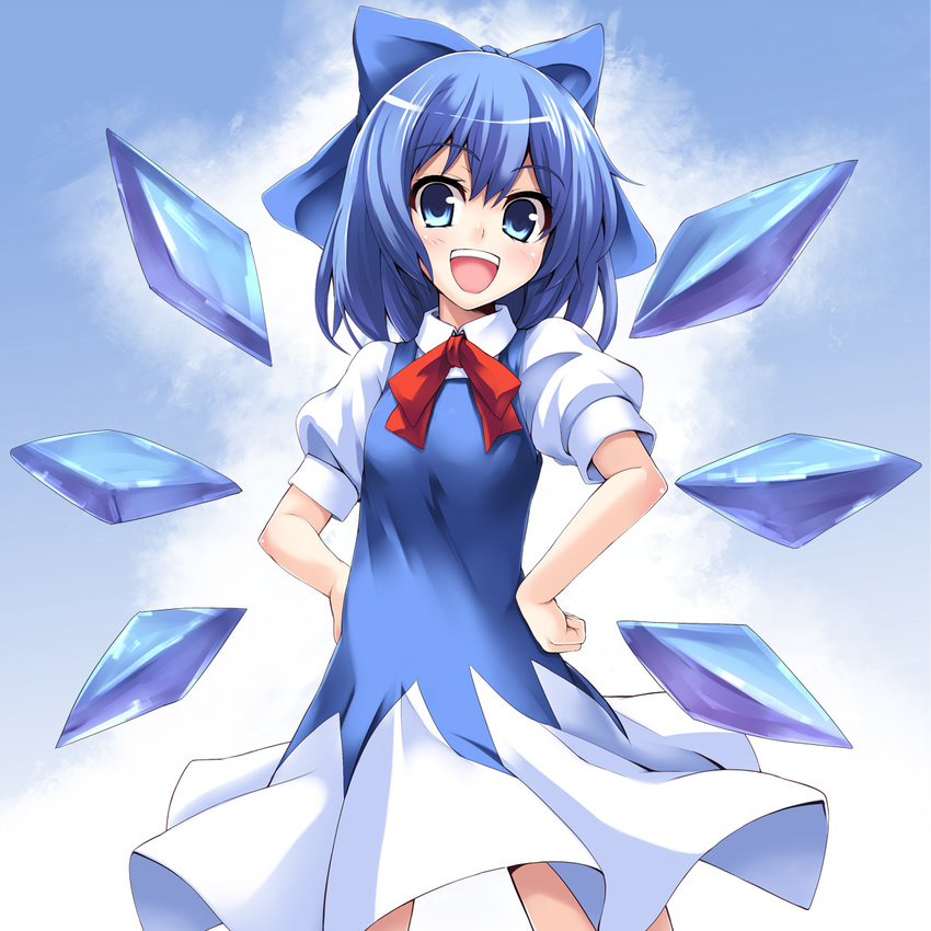 :d asu_hare bad_id bad_pixiv_id blue_eyes blue_hair bow cirno dress hair_bow hands_on_hips highres looking_at_viewer open_mouth short_hair smile solo touhou wings