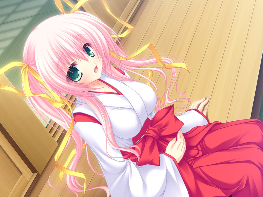 game_cg green_eyes japanese_clothes miko neko_koi pink_hair toono_sayaka whirlpool