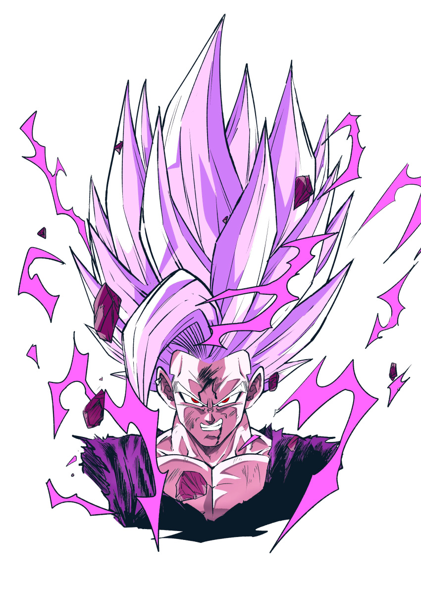 1boy absurdres aura blood blood_from_mouth blood_on_face collarbone crackling_energy cropped_torso debris dougi dragon_ball dragon_ball_super dragon_ball_super_super_hero gohan_beast highres injury long_hair looking_at_viewer male_focus muscular muscular_male oharu2000 purple_shirt red_eyes shirt smile solo son_gohan spiked_hair upper_body white_background white_hair