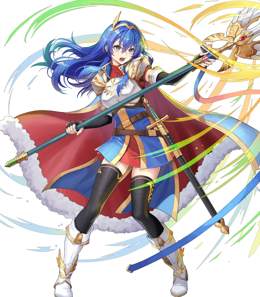 1girl armor attack black_gloves black_thighhighs blue_cape blue_eyes blue_hair breastplate caeda_(fire_emblem) caeda_(marth's_faithful)_(fire_emblem) cape elbow_gloves fingerless_gloves fire_emblem fire_emblem:_mystery_of_the_emblem fire_emblem_heroes fur-trimmed_cape fur_trim gloves highres holding holding_polearm holding_weapon long_hair multicolored_cape multicolored_clothes non-web_source official_alternate_costume official_art open_mouth polearm red_cape sheath solo sword thighhighs tiara v-shaped_eyebrows weapon white_footwear wing_hair_ornament