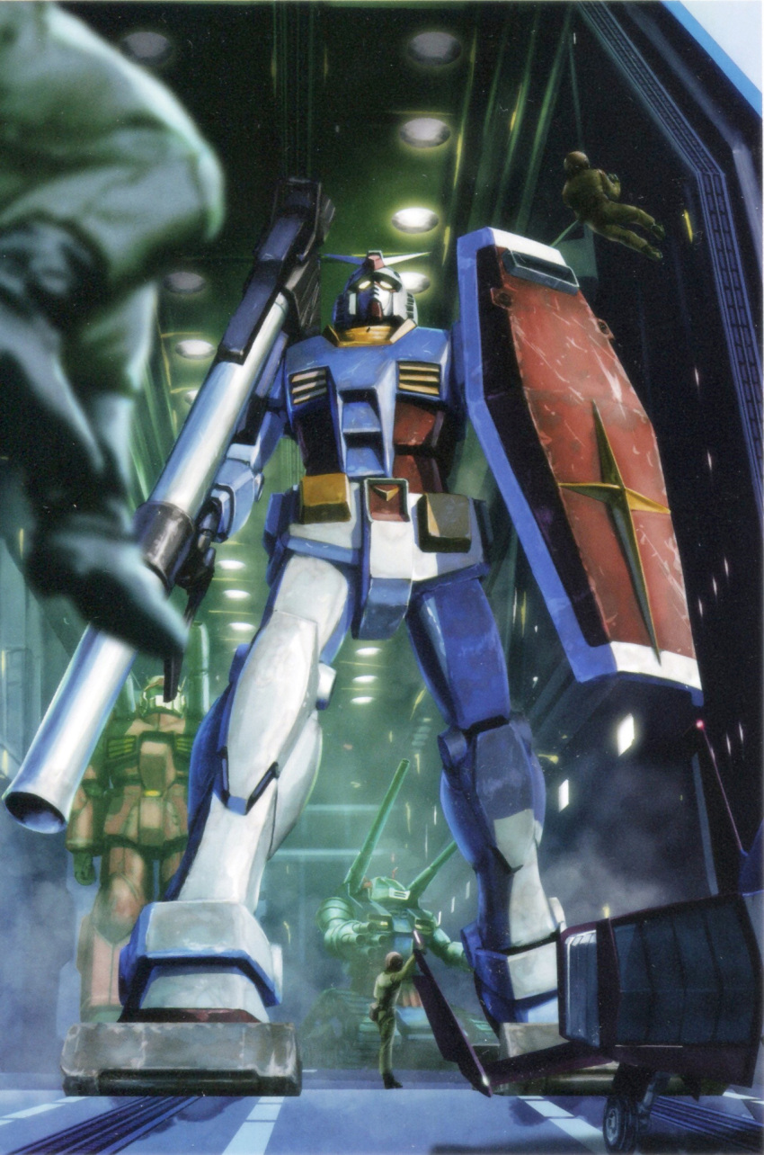 3boys bazooka_(gundam) blurry blurry_foreground boots core_fighter earth_federation earth_federation_space_forces guncannon gundam guntank highres jumpsuit light looking_at_viewer machinery mecha military mobile_suit mobile_suit_gundam multiple_boys official_art painting_(medium) robot rx-78-2 scan science_fiction shield sitting spacecraft spacecraft_interior starfighter tenjin_hidetaka traditional_media uniform v-fin white_base yellow_eyes