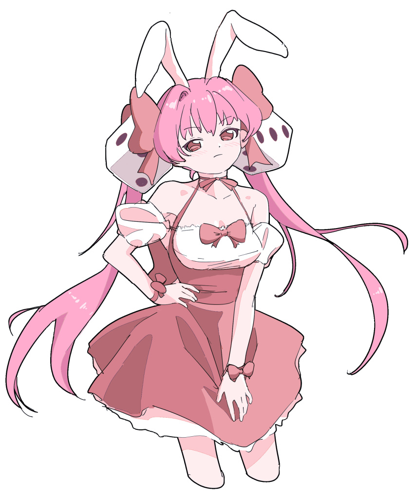 1girl animal_ears bare_shoulders blush bow breasts closed_mouth cropped_legs di_gi_charat dice_hair_ornament dress frown hair_bow hair_ornament half-closed_eyes halter_dress halterneck hand_on_own_hip head_tilt highres large_breasts long_hair looking_at_viewer multiple_hair_bows off-shoulder_shirt off_shoulder piezo pink_hair puffy_short_sleeves puffy_sleeves rabbit_ears red_bow red_dress red_eyes shirt short_sleeves simple_background solo standing twintails underbust usada_hikaru white_background wrist_bow