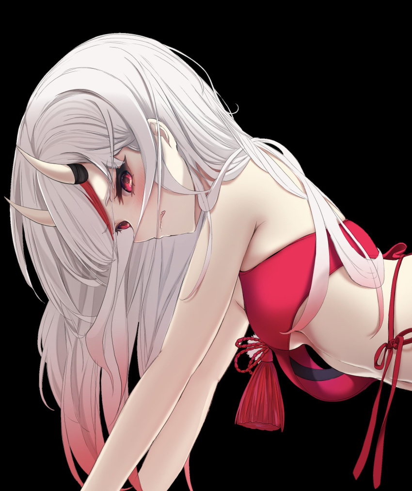 1girl armpit_crease bandeau bare_shoulders black_background from_side gradient_hair highres hololive long_hair looking_at_viewer multicolored_hair nakiri_ayame parted_lips red_bandeau red_eyes red_hair sidelocks simple_background solo stomach terra_bose upper_body virtual_youtuber white_hair