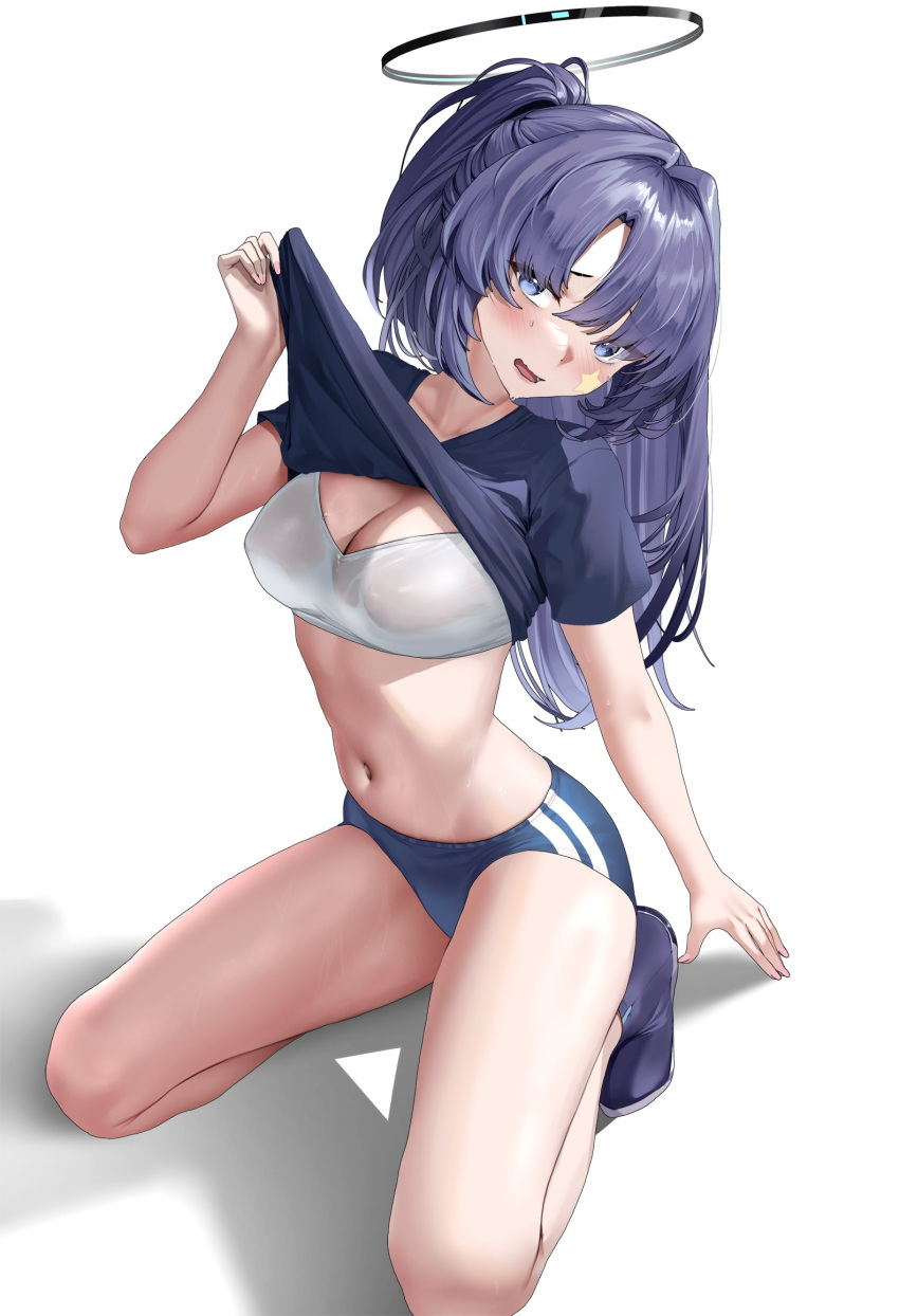 1girl blue_archive breasts clothes_pull halo highres large_breasts long_hair lp official_alternate_costume open_mouth ponytail purple_eyes purple_hair stomach sweat yuuka_(blue_archive) yuuka_(track)_(blue_archive)