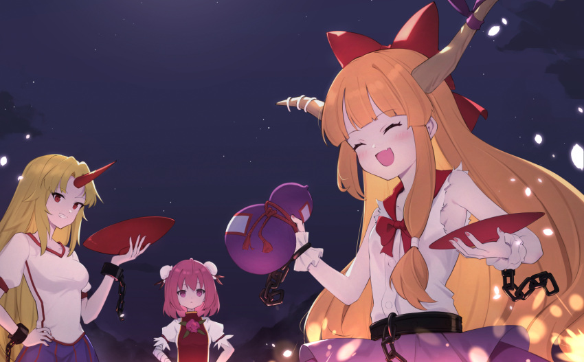 3girls blonde_hair blue_skirt bow breasts bun_cover chain closed_eyes closed_mouth cup fang gourd grin hair_bow highres holding holding_cup horn_ornament horn_ribbon horns hoshiguma_yuugi ibaraki_kasen ibuki_suika long_hair medium_breasts multiple_girls oeyama open_mouth orange_hair pink_eyes pink_hair purple_ribbon purple_skirt red_bow red_eyes red_horns ribbon sakazuki shirt short_hair short_sleeves single_horn skin_fang skirt smile tabard torn_clothes torn_sleeves touhou white_shirt