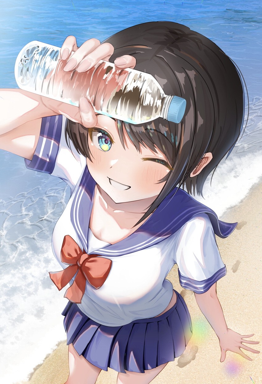 1girl absurdres alternate_costume arm_at_side arm_up beach black_hair blue_eyes blue_sailor_collar blue_skirt blush bottle bow bowtie breasts commentary_request day fingernails footprints grin highres holding holding_bottle hololive lens_flare long_fingernails looking_at_viewer medium_breasts ocean one_eye_closed oozora_subaru outdoors plastic_bottle pleated_skirt red_bow red_bowtie sailor_collar school_uniform serafuku shirt shore short_hair short_sleeves skirt smile solo standing torakichi_888 virtual_youtuber water water_bottle white_shirt