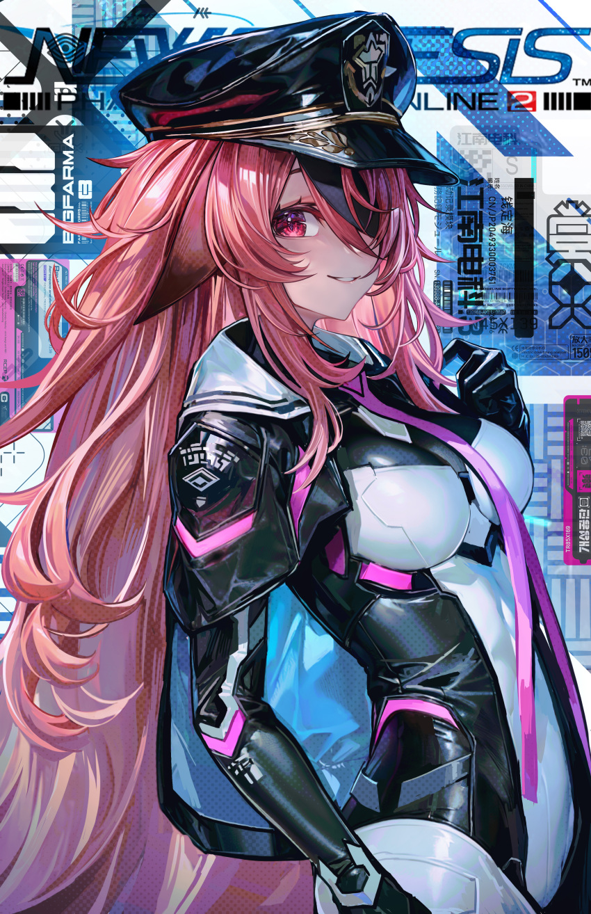 1girl absurdres barcode black_bodysuit black_gloves black_headwear black_jacket bodysuit breasts commission cropped_jacket eyepatch gloves hair_between_eyes hat highres jacket long_hair multicolored_bodysuit multicolored_clothes nekodayo22 parted_lips peaked_cap phantasy_star phantasy_star_online_2 pink_eyes pink_hair pink_ribbon pixiv_commission ribbon sailor_collar solo very_long_hair white_bodysuit white_sailor_collar