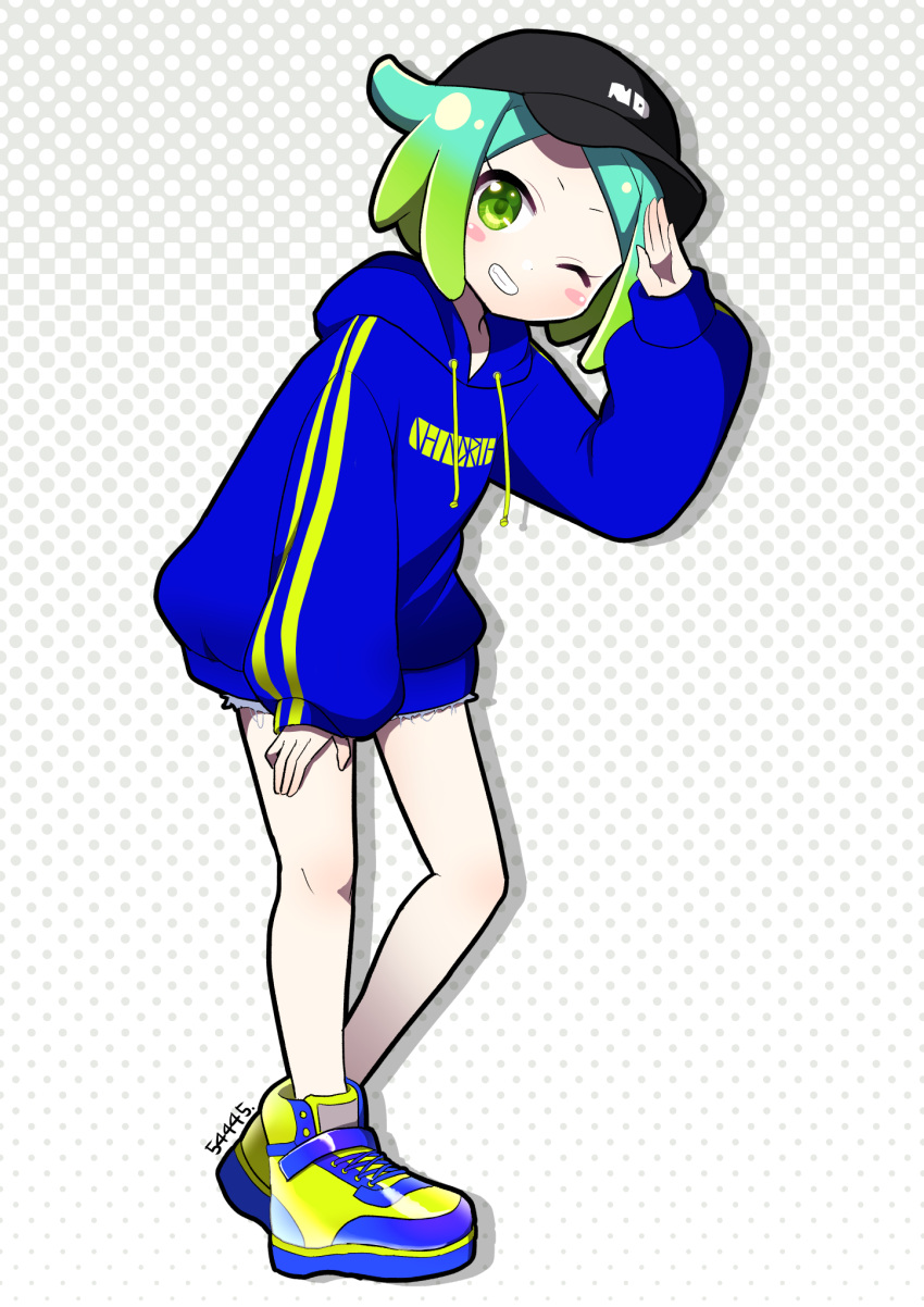 1girl arm_up baseball_cap black_headwear blue_hoodie clothes_writing drawstring full_body gradient_hair green_eyes green_hair grin hand_on_own_leg hat highres hood hood_down hoodie idol_time_pripara kokichi_yoko long_sleeves looking_at_viewer multicolored_hair nijiiro_nino one_eye_closed open_mouth pretty_series pripara shoes short_hair smile sneakers solo standing swept_bangs