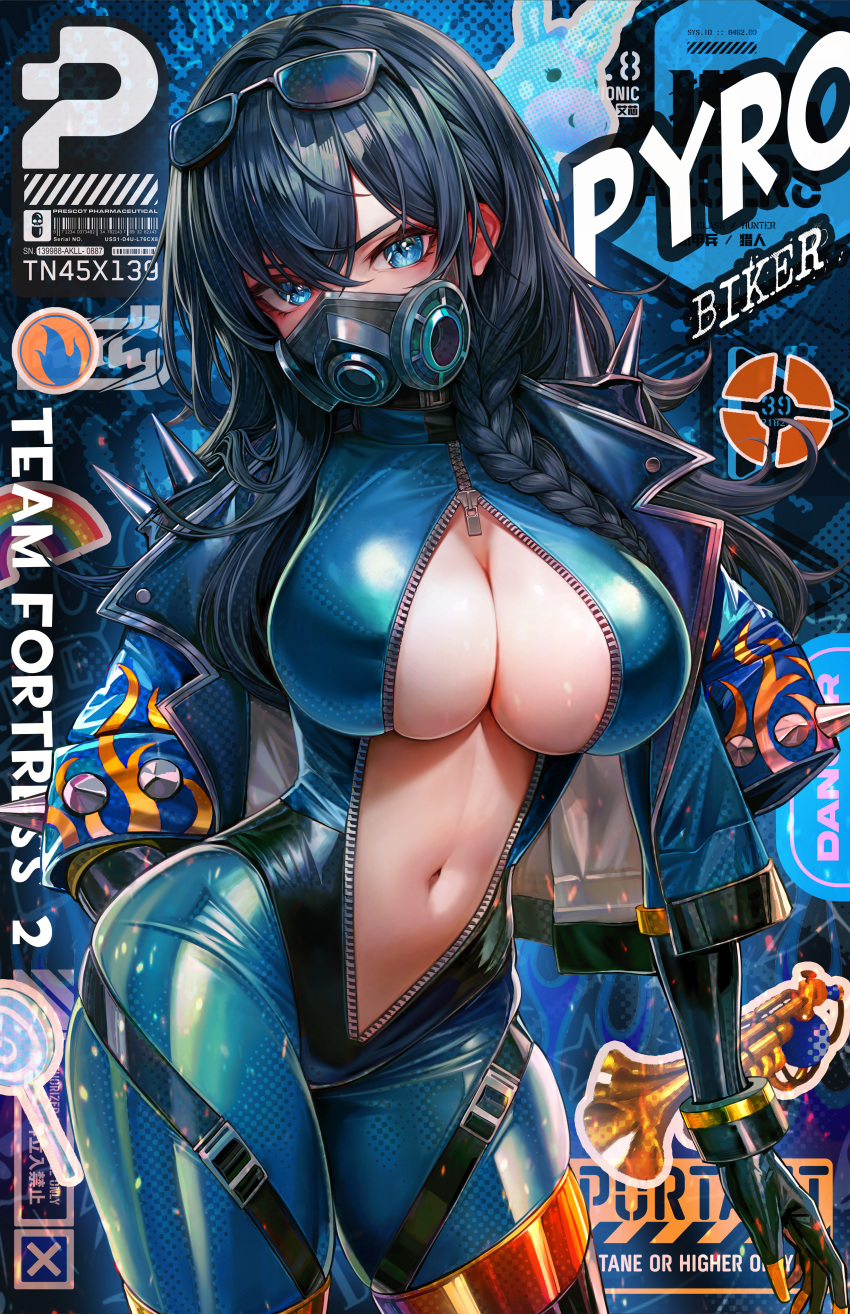 1girl absurdres barcode black_gloves black_hair black_mask blue_bodysuit blue_eyes blue_jacket bodysuit braid breasts center_opening cleavage commission eyewear_on_head gas_mask genderswap genderswap_(mtf) gloves highres jacket large_breasts long_hair mask navel nekodayo22 partially_unzipped pyro_(tf2) rainbow shoulder_spikes solo spikes sunglasses team_fortress_2 zipper_pull_tab