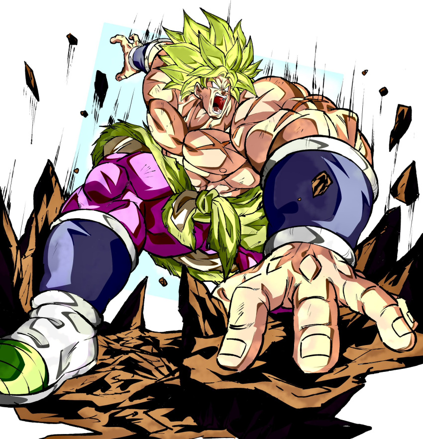 1boy abs arm_guards blank_eyes boots broly_(dragon_ball_super) debris dragon_ball dragon_ball_super emphasis_lines fur-trimmed_waist_cape fur_trim green_hair hand_on_ground highres large_pectorals legendary_super_saiyan male_focus muscular muscular_male nipples official_style oharu2000 open_mouth pants pectorals purple_pants rubble scar scar_on_arm scar_on_chest shouting simple_background solo spiked_hair super_saiyan topless_male toriyama_akira_(style) waist_cape