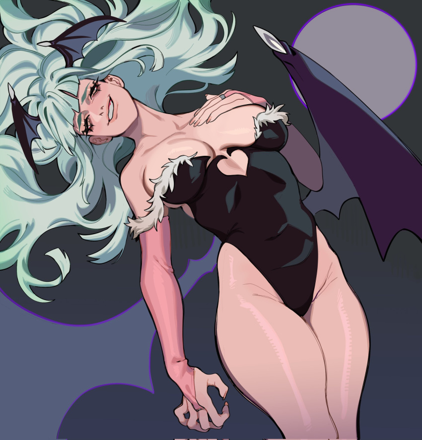 1girl aqua_hair bare_legs bat_wings black_leotard blunt_bangs breasts bridal_gauntlets cleavage clenched_teeth covered_navel dark_background feet_out_of_frame fur-trimmed_leotard fur_trim hand_on_own_chest hand_up head_wings highleg highleg_leotard highres leotard long_hair looking_at_viewer low_wings medium_breasts morrigan_aensland open_mouth orange_nails pink_bridal_gauntlets porqueloin simple_background solo strapless strapless_leotard teeth thighs vampire_(game) wings yellow_eyes