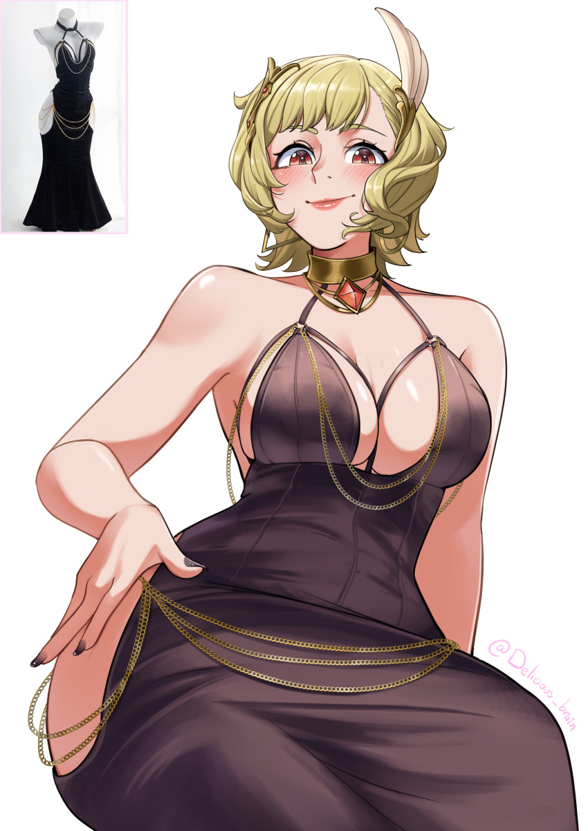 1girl absurdres alternate_costume blonde_hair brown_dress citrinne_(fire_emblem) deliciousbrain dress earrings feather_hair_ornament feathers fire_emblem fire_emblem_engage gold_choker hair_ornament highres hoop_earrings jewelry mismatched_earrings red_eyes wing_hair_ornament