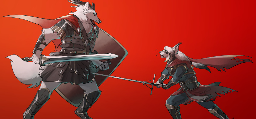 absurd_res anthro armor blue_eyes canid canine canis duo felid feline fur green_eyes grey_body grey_fur hair hi_res horn hybrid lynx male mammal nox_frigus_(character) simple_background skifall_912 white_body white_fur white_hair wolf zeroarashi(oc)