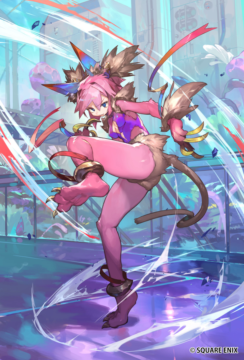 1girl absurdres animal_ears attack breasts claws closed_mouth fang full_body highres kitty_clawer looking_at_viewer monster_girl official_art pink_hair romancing_saga_re;universe saga saga_frontier short_hair so-taro solo square_enix tail wind