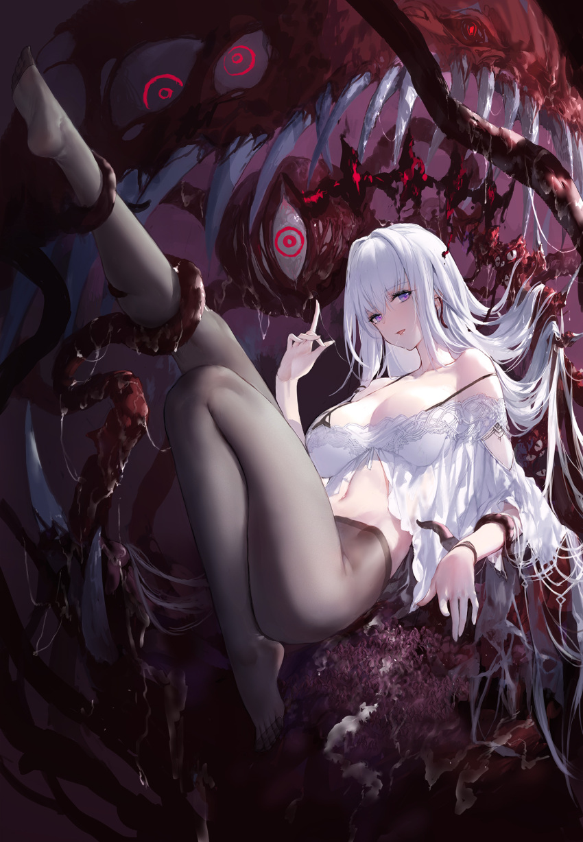 1girl absurdly_long_hair bare_shoulders black_pantyhose breasts cleavage eldritch_abomination full_body highres large_breasts long_hair looking_at_viewer lying on_back open_mouth original outstretched_leg pantyhose purple_eyes restrained revealing_clothes saliva saliva_trail sharp_teeth slime_(substance) swd3e2 teeth tentacles toes very_long_hair white_hair