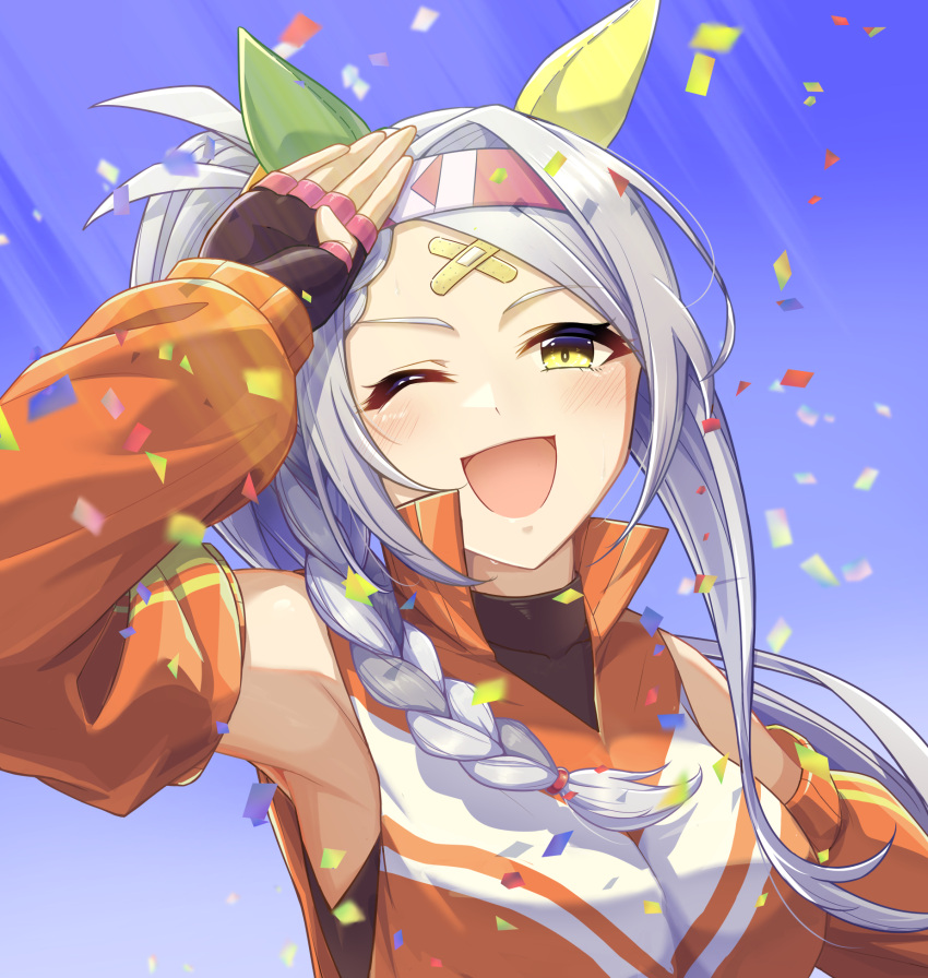 1girl 417_(shiina) animal_ears bandaid bandaid_on_face bandaid_on_forehead black_gloves blue_sky braid breasts clenched_hand commentary_request confetti ear_covers fingerless_gloves flying_sweatdrops gloves hair_ornament hairband highres horse_ears horse_girl horse_tail long_hair long_sleeves looking_at_viewer multicolored_hair navel one_eye_closed orange_shirt outdoors parted_lips pink_hairband reaching reaching_towards_viewer shirt side_ponytail sidelocks skin_tight sky small_breasts smile solo sonon_elfie_(umamusume) standing streaked_hair sweat tail umamusume v-shaped_eyebrows yellow_eyes