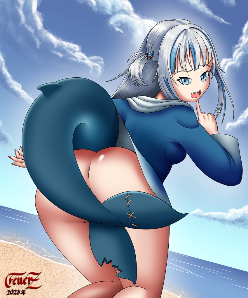 animal_humanoid animal_tail beach big_butt blue_body blue_clothing blue_eyes blue_highlights blue_hoodie blue_scales blue_topwear bottomless breasts butt clothed clothing convenient_censorship eyelashes female feuerz fish fish_humanoid gawr_gura hi_res highlights_(coloring) hololive hololive_en hoodie humanoid looking_at_viewer looking_back looking_back_at_viewer marine marine_humanoid open_mouth rear_view scales sea shark_humanoid solo tail tailed_humanoid tan_body tan_skin thick_thighs topwear upskirt vtuber water wide_hips