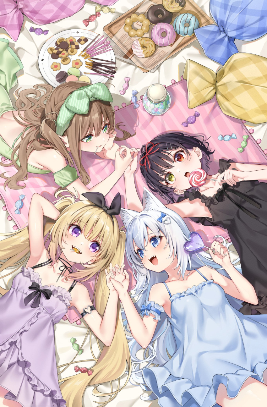 4girls animal_ears arm_garter arm_strap black_hair black_nightgown blonde_hair blue_eyes blue_nightgown blush breasts brown_hair candy cat_ears cookie doughnut food green_eyes green_nightgown heterochromia highres kise_itsuki lollipop looking_at_another lying macaron multiple_girls nightgown on_back open_mouth original pocky purple_eyes purple_nightgown red_eyes short_hair small_breasts smile swirl_lollipop twintails white_hair yellow_eyes