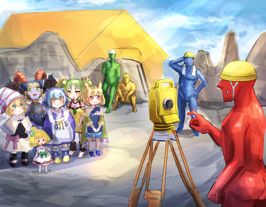 4boys 6+girls a-team_trap_disposal_unit aitsu blonde_hair blue_hair blue_skin colored_skin demon_girl doitsu_(parodius) dragon_girl duel_monster faceless faceless_male gagaga_sister green_eyes green_hair hat hatano_kiyoshi highres house koitsu laundry_dragonmaid loris_lady_of_lament madolche_petingcessoeur maid mini_person minigirl multiple_boys multiple_girls object_request outdoors parodius photo-referenced red_eyes soitsu_(parodius) standing traptrix_sera wa_maid witch_hat witchcrafter_potterie yellow_eyes yu-gi-oh!