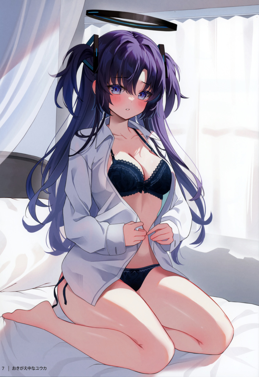 1girl absurdres barefoot bed bed_sheet blue_archive blue_eyes blue_hair blush bow bow_bra bow_panties bra breasts cleavage collarbone curtains day etesumsom floating floating_object full_body hair_ornament halo highres indoors looking_at_viewer medium_breasts on_bed open_clothes panties parted_lips pillow scan shiny_skin shirt sitting solo thighs toes twintails underwear white_shirt window yuuka_(blue_archive)