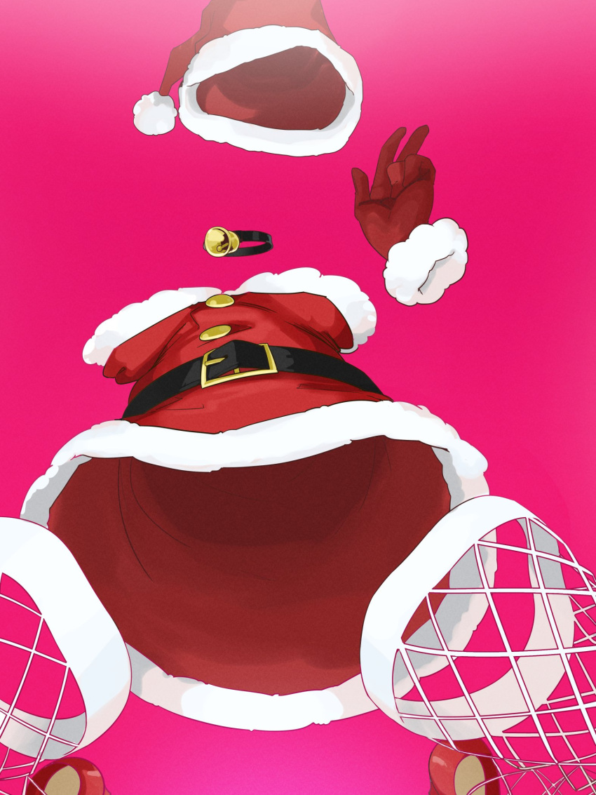 1girl bell belt black_belt boku_no_hero_academia breasts christmas dress fishnet_thighhighs fishnets from_below fur-trimmed_dress fur-trimmed_headwear fur_trim gloves hagakure_tooru hat highres invisible kneeling large_breasts mdthetest neck_bell no_panties red_background red_dress red_footwear red_gloves red_headwear santa_costume santa_dress santa_hat solo spread_legs strapless strapless_dress thighhighs w white_thighhighs