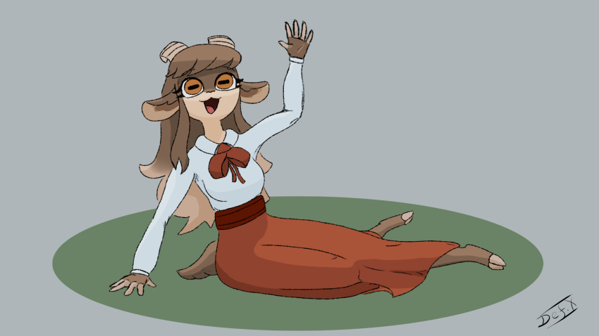 adeline_(oakliz) anthro bottomwear bovid brown_body brown_fur brown_hair cansinodx caprine clothed clothing female fully_clothed fur gesture goat hair hi_res horizontal_pupils horn long_hair long_skirt long_sleeve_shirt looking_at_viewer mammal pupils simple_background skirt solo solo_focus tan_background waving waving_at_viewer waving_hand
