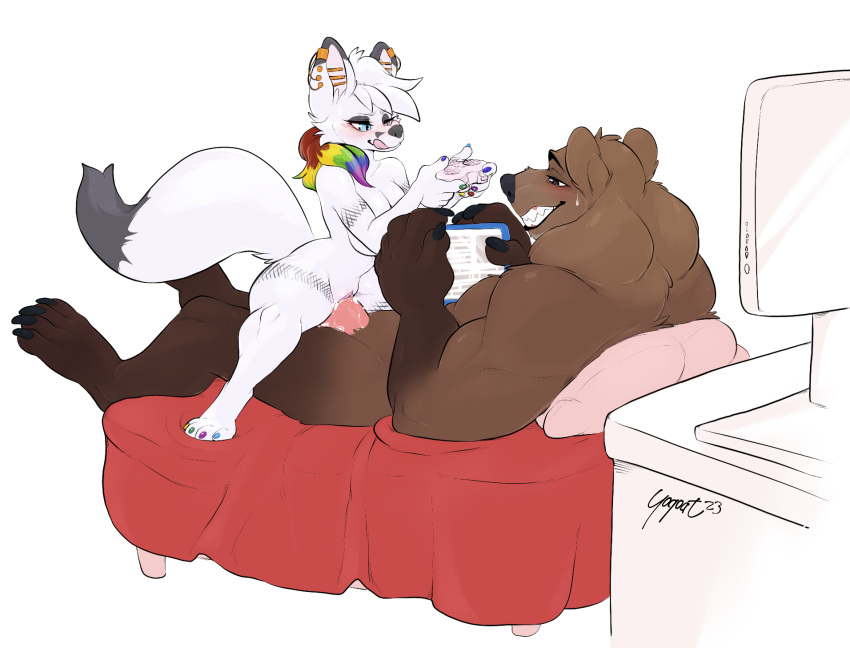 anthro anthro_on_anthro anthro_penetrated anthro_penetrating anthro_penetrating_anthro bear bodily_fluids brown_body brown_fur canid canine casual_sex controller cowgirl_position cum cum_in_pussy cum_inside dipstick_tail duo female fox from_front_position fur gaming_while_penetrated genital_fluids grin hair hi_res industrial_piercing_ladder interspecies licking licking_lips lofiflavors male male/female mammal markings multicolored_hair on_bottom on_top penetration penile penile_penetration penis_in_pussy rainbow_hair sex smile tail tail_markings teeth vaginal vaginal_penetration white_body white_fur yogoat