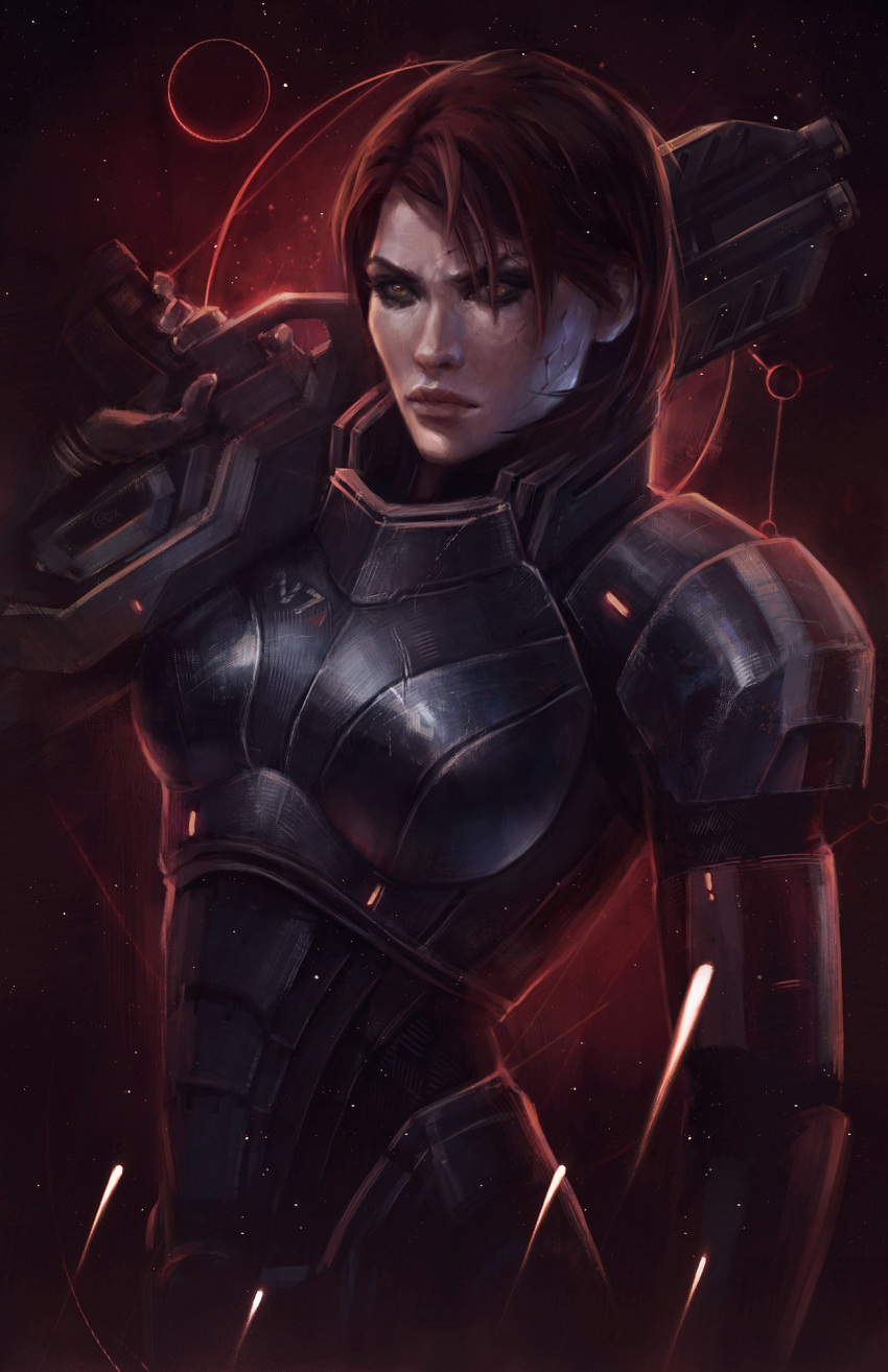 1girl armor black_eyeshadow breasts brown_eyes commander_shepard commander_shepard_(female) eva_kosmos eyeshadow frown gloves grey_gloves gun highres holding holding_gun holding_weapon makeup mass_effect_(series) medium_breasts medium_hair n7_armor over_shoulder power_armor red_hair scar scar_on_cheek scar_on_face solo space star_(sky) v-shaped_eyebrows weapon weapon_over_shoulder