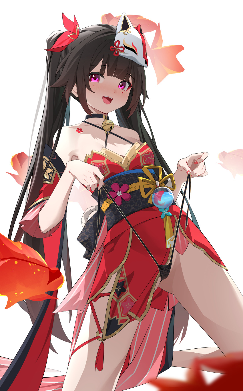 1girl absurdres bare_legs bare_shoulders bell black_choker black_panties blush brown_hair butterfly-shaped_pupils choker commentary criss-cross_halter dress flower_tattoo fox_mask halterneck hgoo highres holding honkai:_star_rail honkai_(series) kneeling long_hair looking_at_viewer mask mask_on_head neck_bell obi open_mouth panties red_dress red_eyes red_nails red_sleeves sash simple_background sleeveless sleeveless_dress smile solo sparkle_(honkai:_star_rail) symbol-shaped_pupils tattoo twintails underwear white_background
