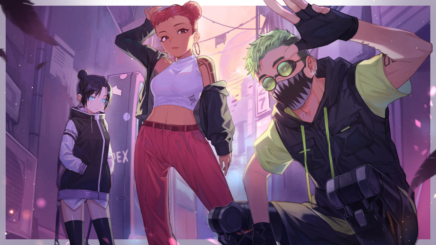 1boy 2girls absurdres alley animification apex_legends arm_tattoo belt black_gloves black_jacket black_shorts black_thighhighs black_vest blue_eyes breasts cropped_shirt double_bun earrings fingerless_gloves glasses glint gloves glowing glowing_eyes green-tinted_eyewear green_hair green_shirt hair_behind_ear hair_bun hand_on_own_head highres hood hooded_vest hoodie jacket jewelry kiwwwwwi lifeline_(apex_legends) looking_at_viewer looking_to_the_side mechanical_legs medium_breasts midriff multiple_girls navel octane_(apex_legends) off_shoulder pants red_belt red_eyes red_hair red_pants shirt shorts single_hair_bun sleeveless sleeveless_shirt tattoo thighhighs tinted_eyewear vest white_shirt wraith_(apex_legends)