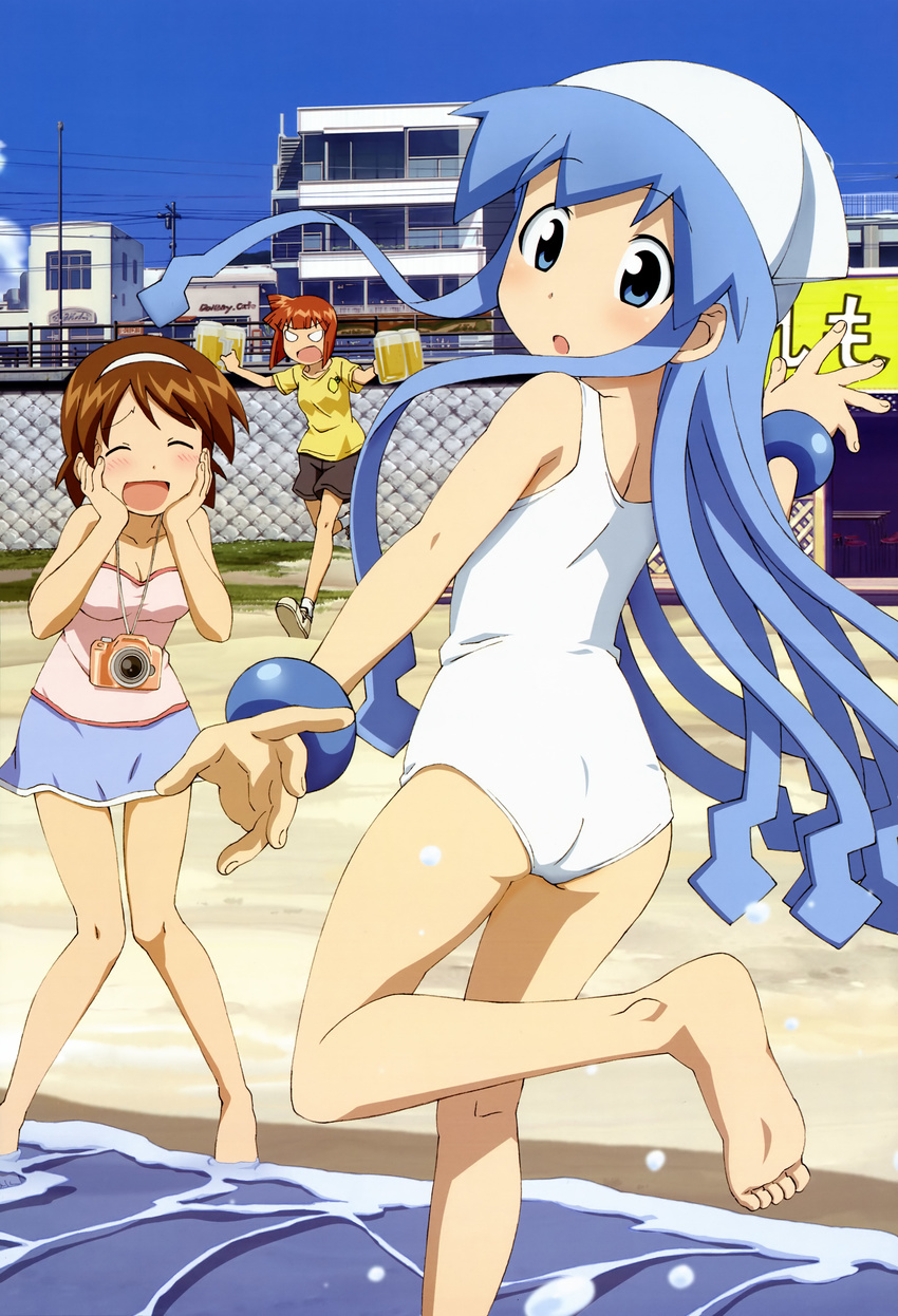 :d :o absurdres aizawa_eiko alcohol bad_feet barefoot beach beer blue_eyes blue_hair blush brown_hair camera casual city closed_eyes day drink feet hairband hands hat highres honda_yoshino ikamusume long_hair looking_back multiple_girls nagatsuki_sanae non-web_source nyantype ocean official_art one-piece_swimsuit open_mouth outdoors red_hair school_swimsuit shinryaku!_ikamusume short_hair shorts sky smile swimsuit water white_school_swimsuit white_swimsuit